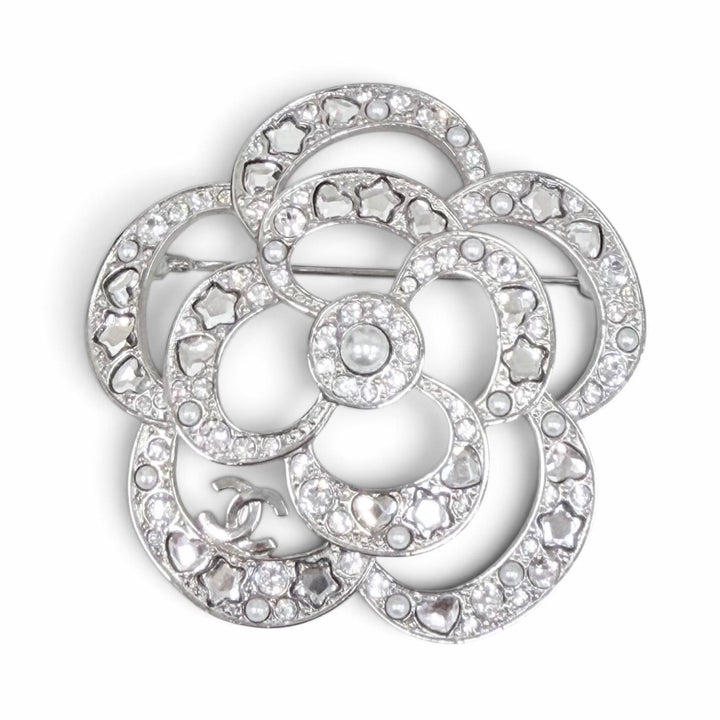 極美品△CHANEL シャネル A25P AB9720 カメリア ココマーク パール ラインストーン ハート スター ブローチ シルバー フランス製 箱付き