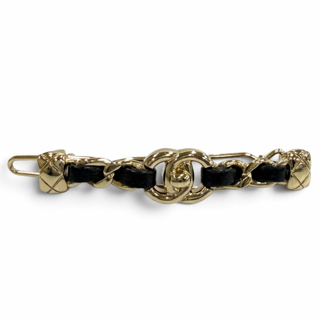 極美品★CHANEL シャネル B21S ココマーク ターンロックモチーフ マトラッセ バレッタ ゴールド ブラック イタリア製 レディース