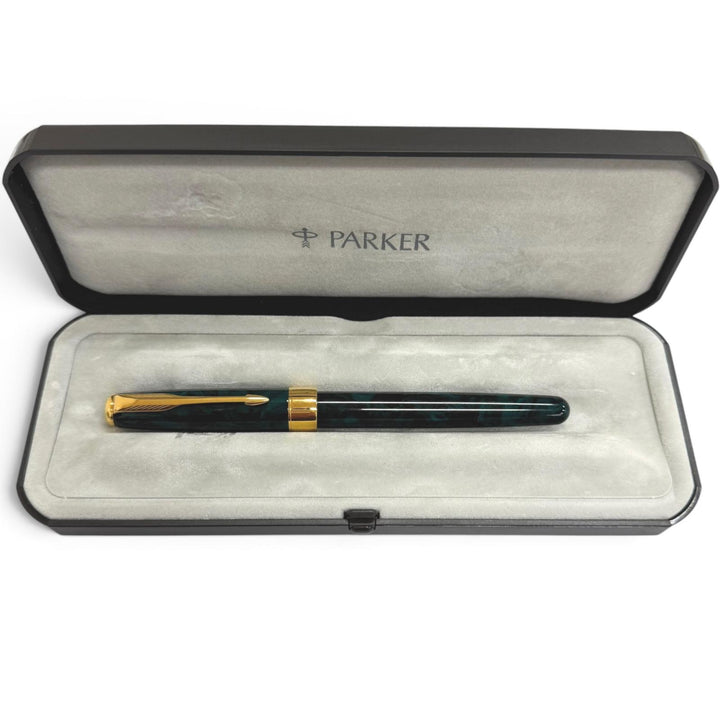 極美品□PARKER パーカー SONNET ソネット ペン先18K Fニブ 万年筆 ステーショナリー マーブルグリーン ゴールド メンズ ケース付き