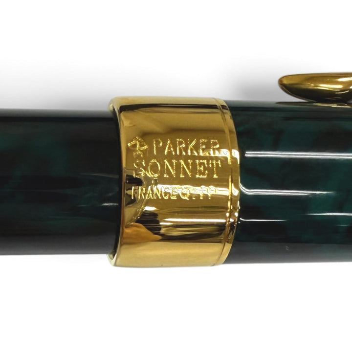 極美品□PARKER パーカー SONNET ソネット ペン先18K Fニブ 万年筆 ステーショナリー マーブルグリーン ゴールド メンズ ケース付き