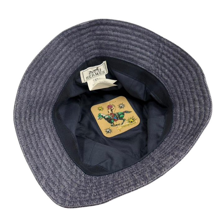 美品▼HERMES エルメス ボブ エデン セリエ リネン100% シルバー金具 帽子 バケットハット インディゴ 57 フランス製 メンズ