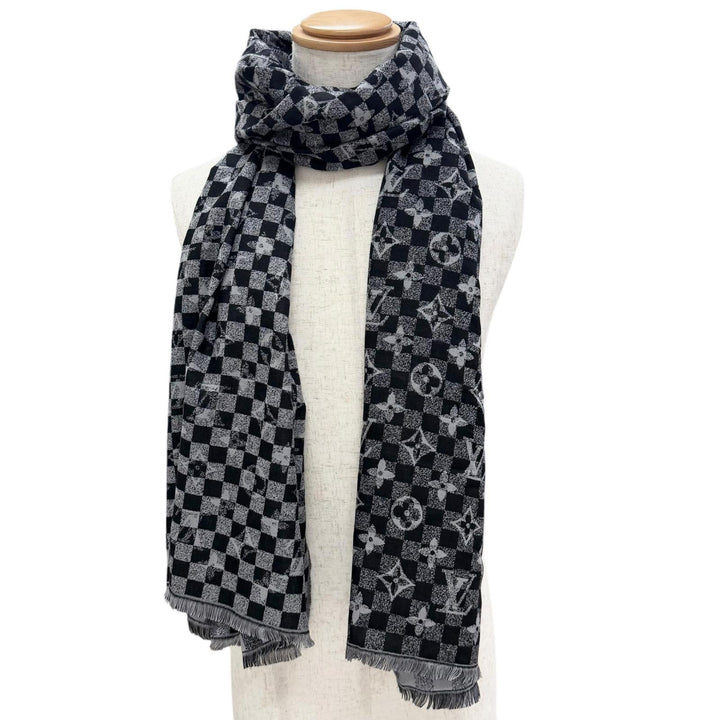 極美品▼LOUIS VUITTON ルイヴィトン M76560 エトールダミエ グラディエント ウール シルク ストール ブラック グレー 正規品 メンズ