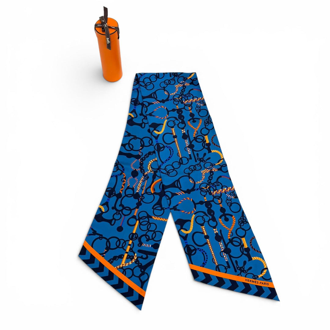 極美品★HERMES エルメス ツイリー MORS ET TRESSET モール エ トレス シルク100％ スカーフ ブルー フランス製 レディース 箱付き