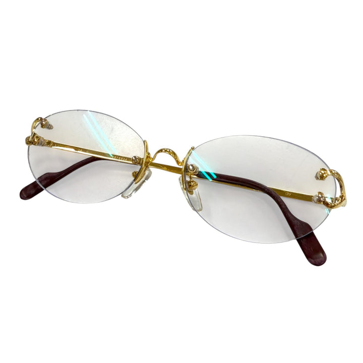 人気▼Cartier カルティエ リムレス ツーポイント ロゴ金具付き メガネ 眼鏡 アイウェア ゴールド ボルドー □16 135 度なし フランス製