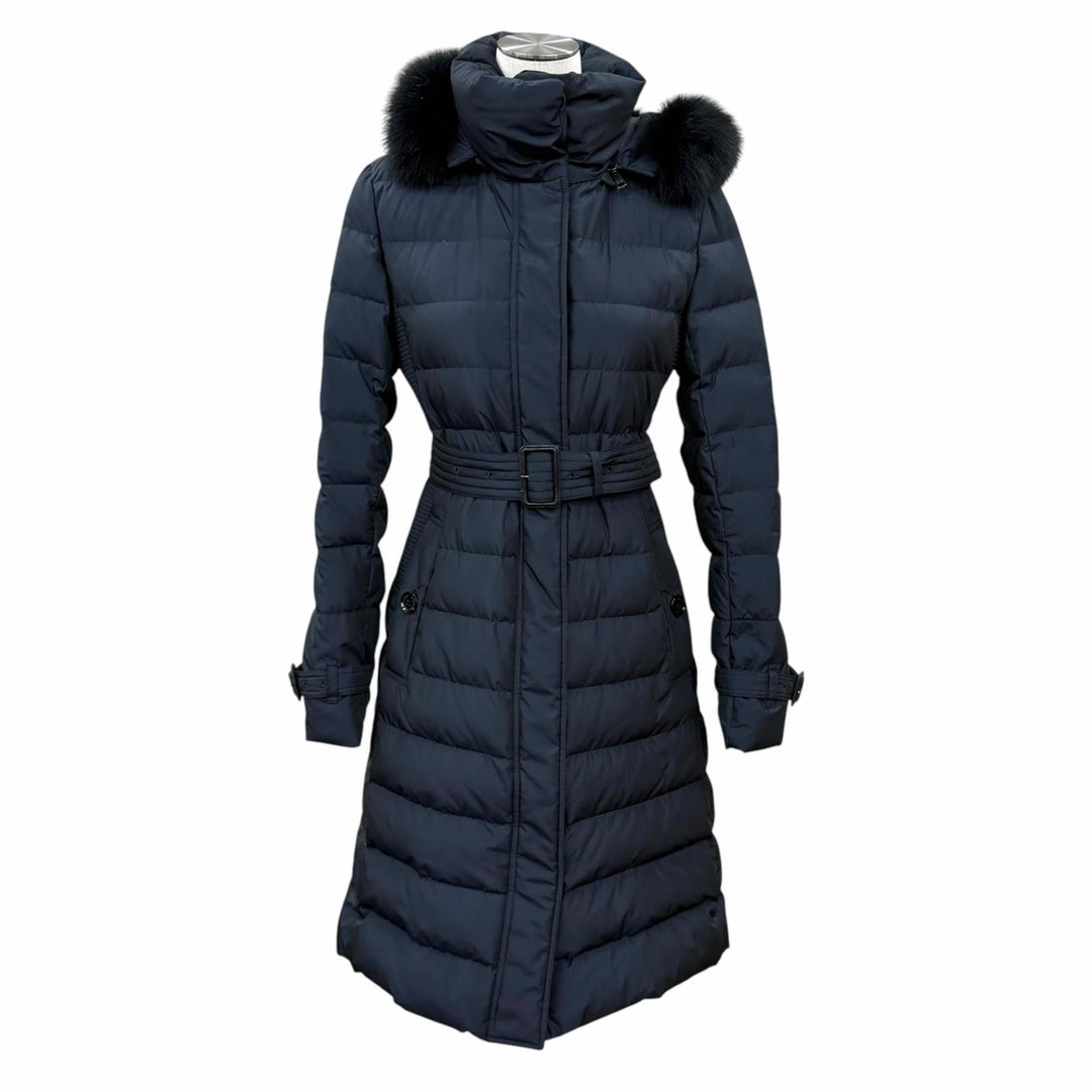 美品★BURBERRY LONDON バーバリーロンドン B1C01-849-28 ベルト付 FOXファー使い 裏地チェック柄 ダウンコート 38 正規品 ガーメント付