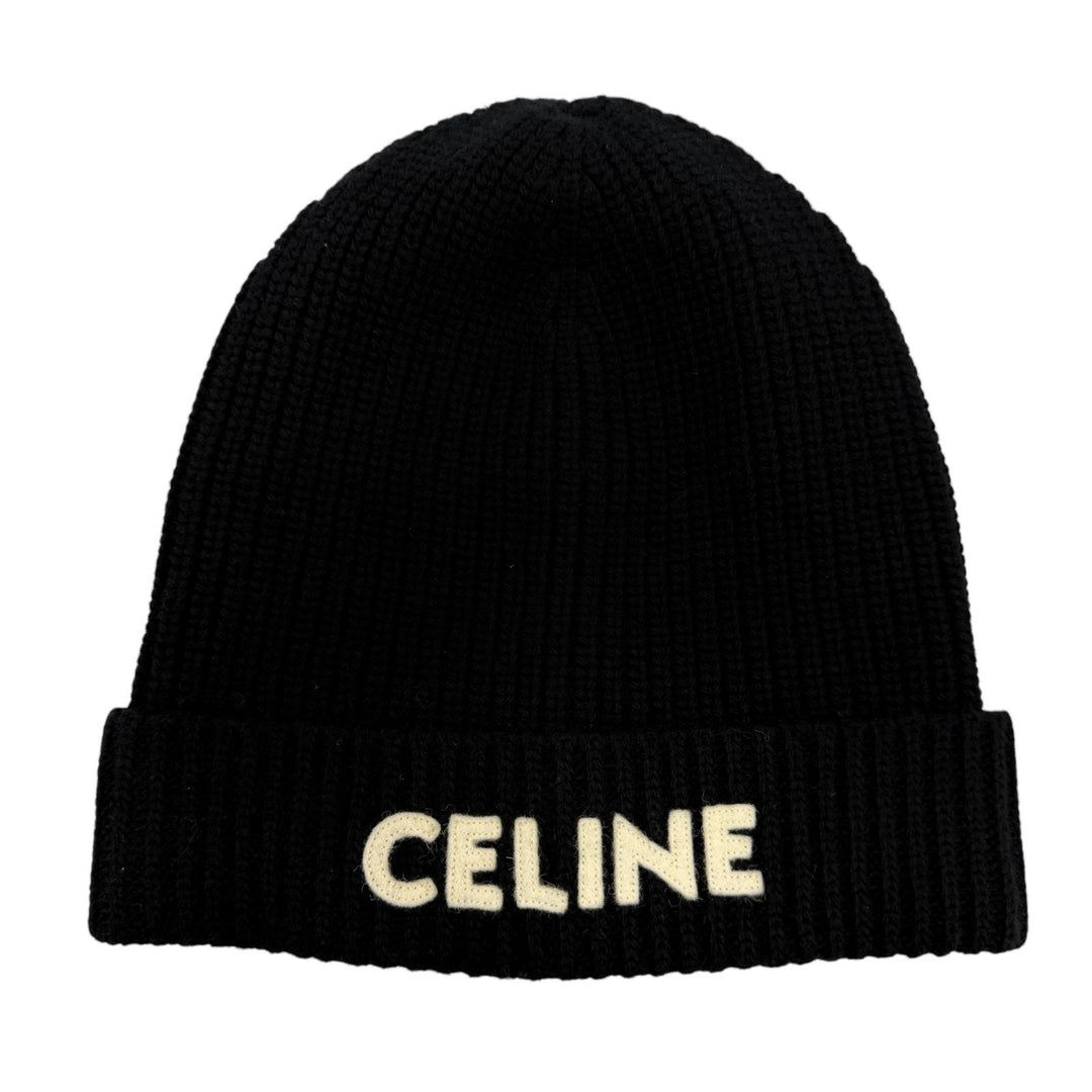 極美品☆CELINE セリーヌ 2A25R535Q ウール100％ ロゴ ニット帽 ビーニー ニットキャップ ブラック TU 正規品 伊製 レディース メンズ