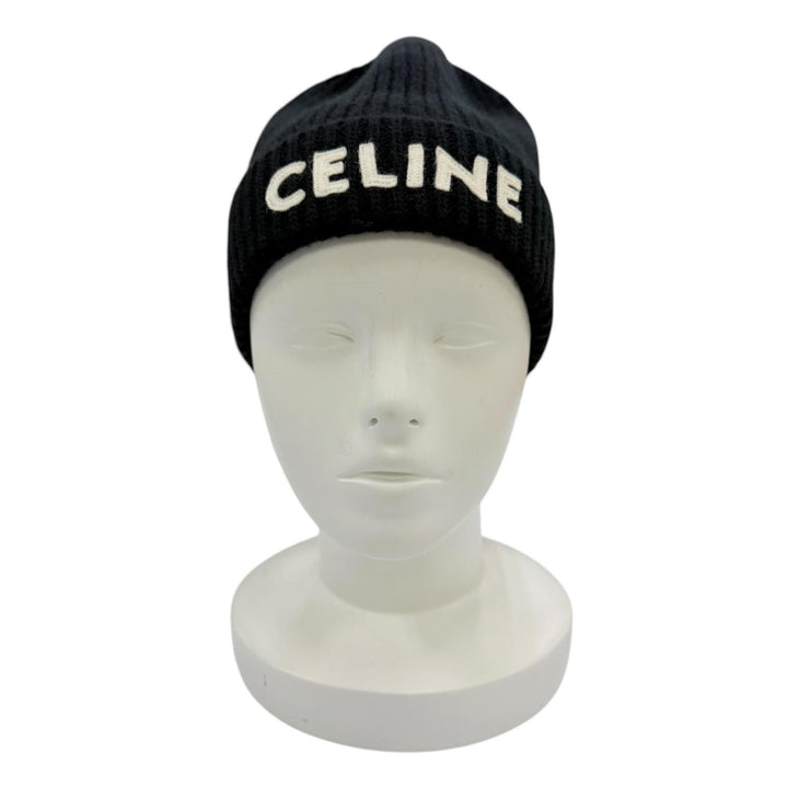 極美品☆CELINE セリーヌ 2A25R535Q ウール100％ ロゴ ニット帽 ビーニー ニットキャップ ブラック TU 正規品 伊製 レディース メンズ