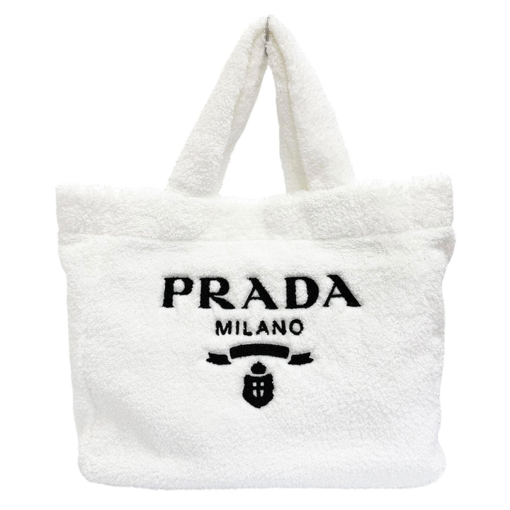 極美品△PRADA プラダ 1BG130 テリートートバッグ トライアングルロゴ パイル地 大型 トートバッグ ホワイト ブラック 伊製 保存袋付き