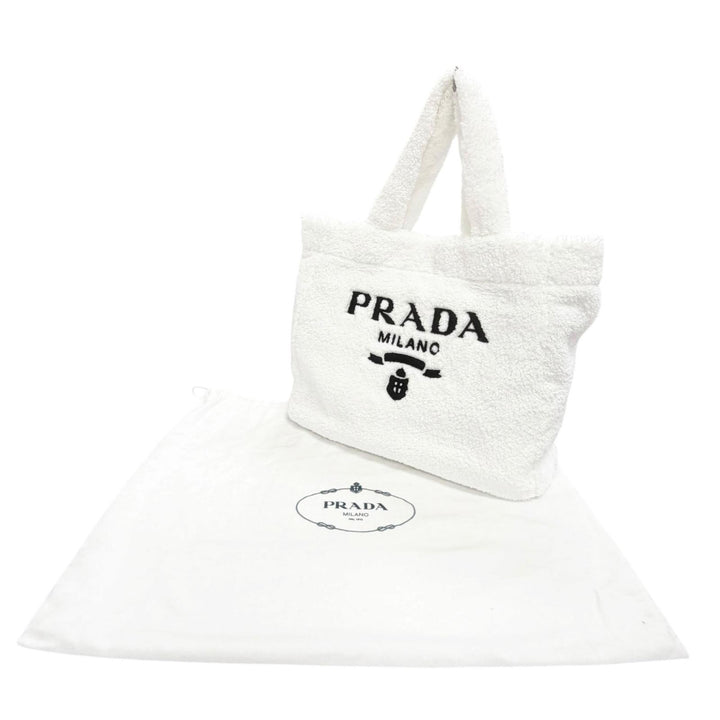 極美品△PRADA プラダ 1BG130 テリートートバッグ トライアングルロゴ パイル地 大型 トートバッグ ホワイト ブラック 伊製 保存袋付き