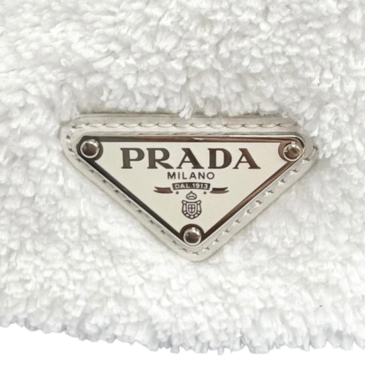 極美品△PRADA プラダ 1BG130 テリートートバッグ トライアングルロゴ パイル地 大型 トートバッグ ホワイト ブラック 伊製 保存袋付き