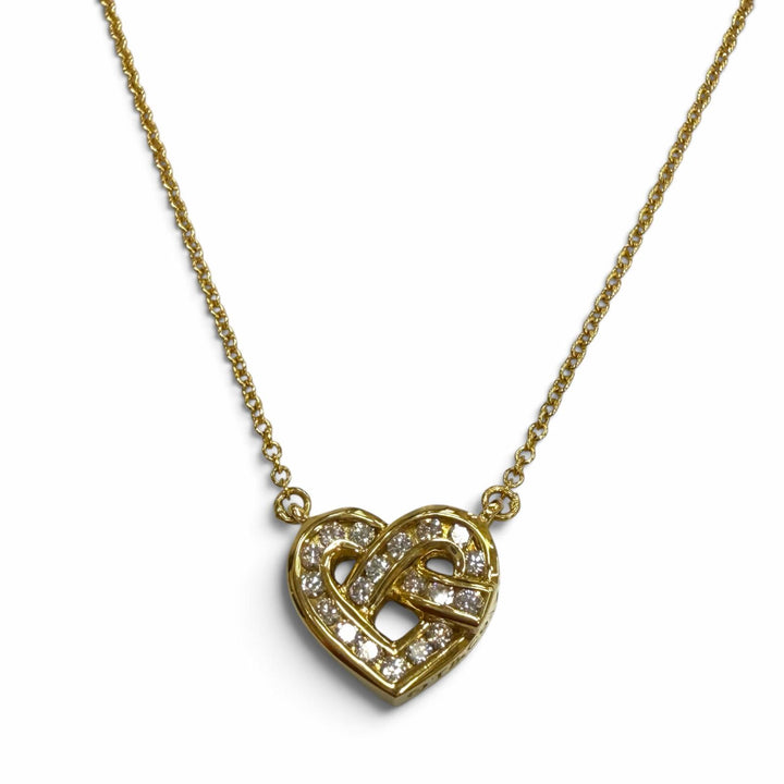 美品▼TIFFANY&amp;Co. ティファニー 750(YG) 19Pダイヤモンド ハートモチーフ チェーン ネックレス イエローゴールド 重量3.16g レディース