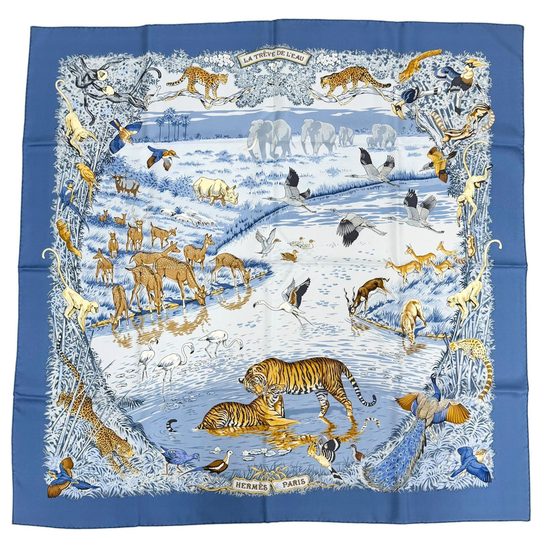 極美品△HERMES エルメス LA TREVE DE L EAU 水の休戦 カレ90 シルク100% 激レア スカーフ ブルー系 マルチカラー フランス製 箱付き