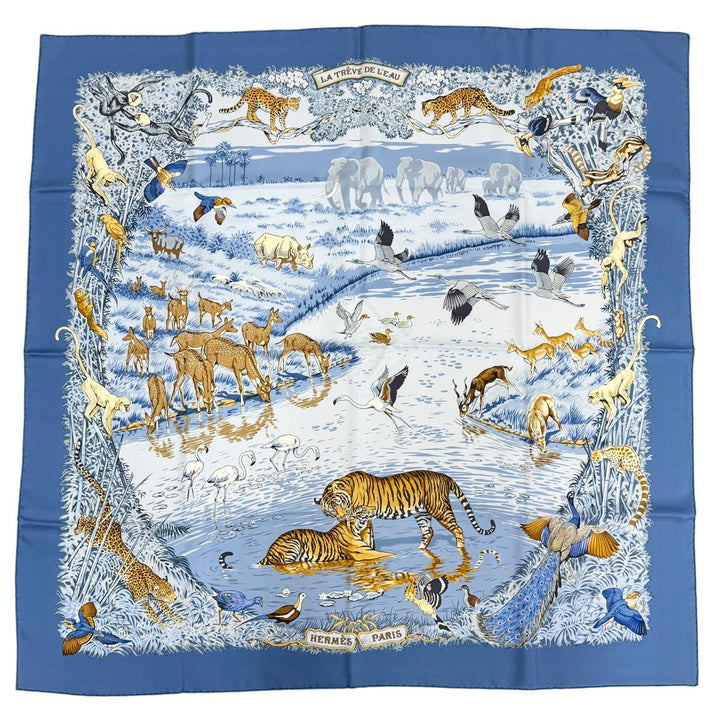極美品△HERMES エルメス LA TREVE DE L EAU 水の休戦 カレ90 シルク100% 激レア スカーフ ブルー系 マルチカラー フランス製 箱付き