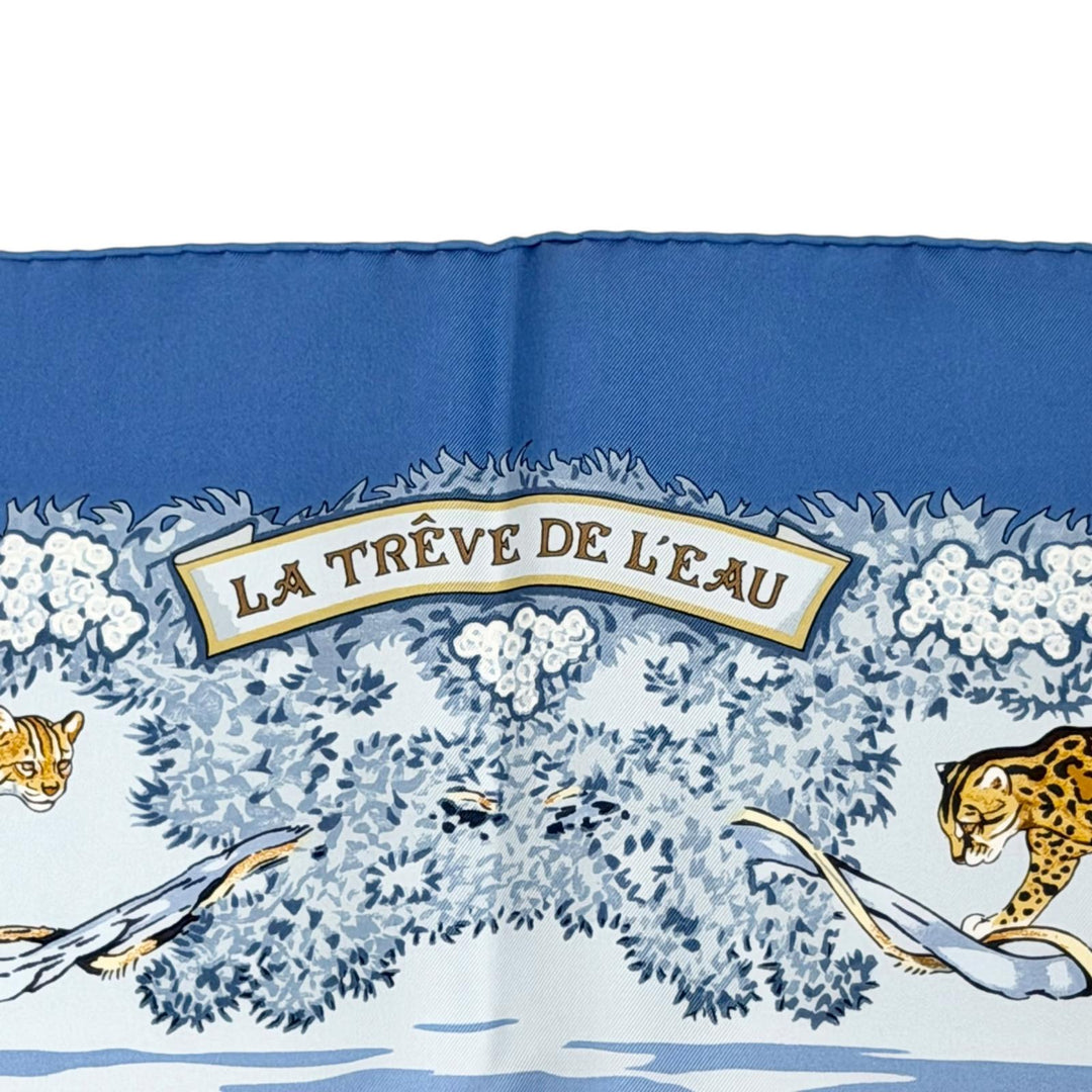 極美品△HERMES エルメス LA TREVE DE L EAU 水の休戦 カレ90 シルク100% 激レア スカーフ ブルー系 マルチカラー フランス製 箱付き