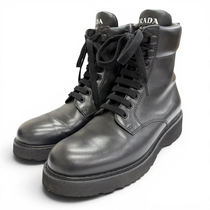美品△PRADA プラダ 1T215N レザー ロゴ入り サイドジップ レースアップ レザー ショートブーツ アンクルブーツ ブラック 37.5 箱付き
