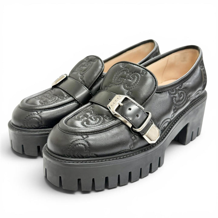 良品△GUCCI グッチ 718388 ロゴバックル GGマトラッセ レザー 厚底 シューズ ローファー ブラック シルバー金具 36.5 伊製 レディース