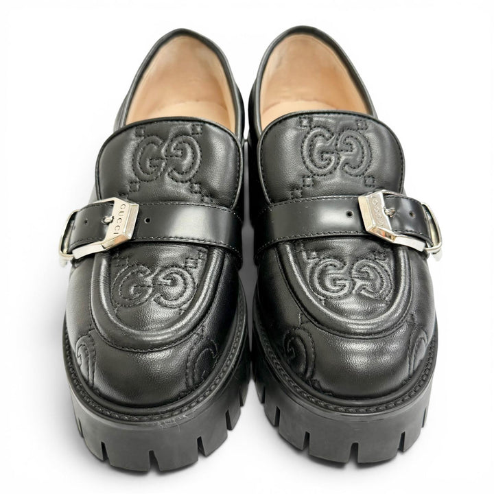 良品△GUCCI グッチ 718388 ロゴバックル GGマトラッセ レザー 厚底 シューズ ローファー ブラック シルバー金具 36.5 伊製 レディース