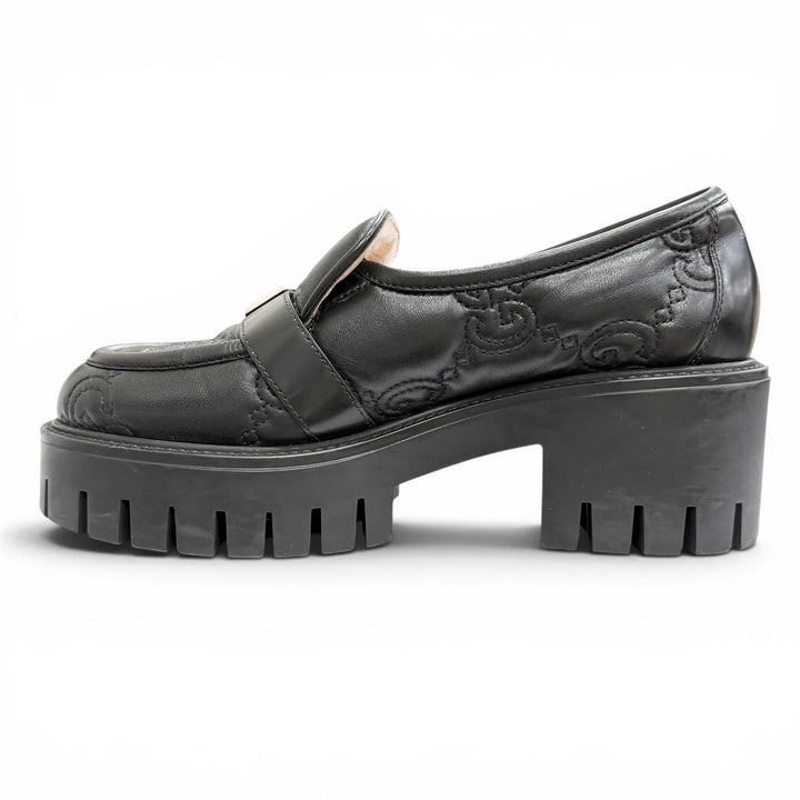 良品△GUCCI グッチ 718388 ロゴバックル GGマトラッセ レザー 厚底 シューズ ローファー ブラック シルバー金具 36.5 伊製 レディース