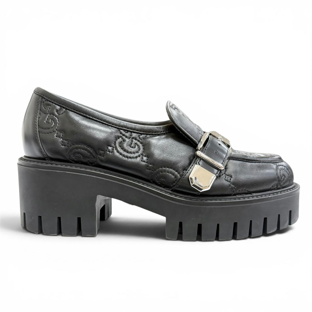 良品△GUCCI グッチ 718388 ロゴバックル GGマトラッセ レザー 厚底 シューズ ローファー ブラック シルバー金具 36.5 伊製 レディース
