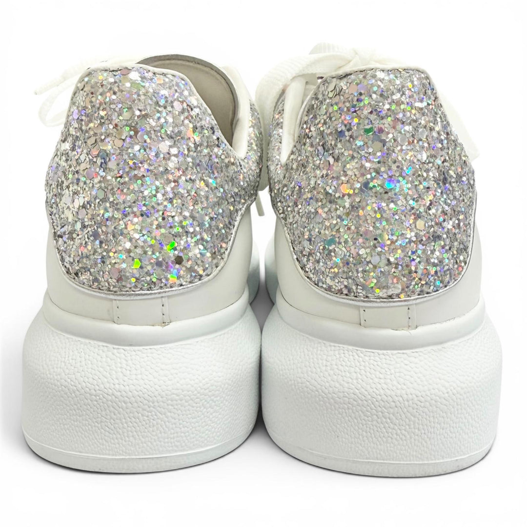 極美△Alexander McQueen アレキサンダーマックイーン 558945 LARRY ラリー レザー グリッター オーバーサイズドスニーカー ホワイト 35