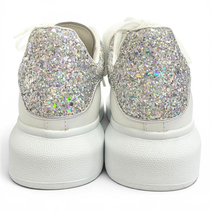 極美△Alexander McQueen アレキサンダーマックイーン 558945 LARRY ラリー レザー グリッター オーバーサイズドスニーカー ホワイト 35