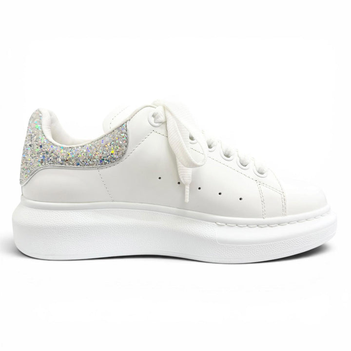 極美△Alexander McQueen アレキサンダーマックイーン 558945 LARRY ラリー レザー グリッター オーバーサイズドスニーカー ホワイト 35
