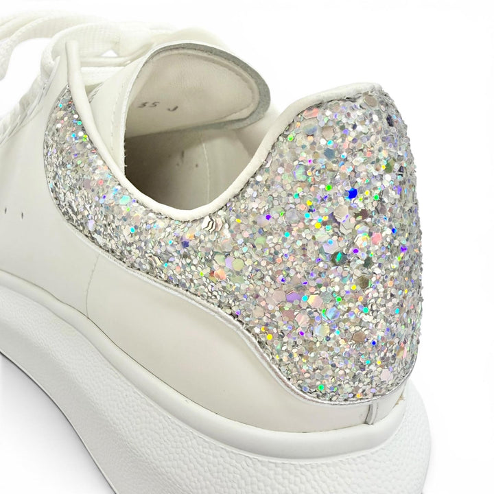 極美△Alexander McQueen アレキサンダーマックイーン 558945 LARRY ラリー レザー グリッター オーバーサイズドスニーカー ホワイト 35