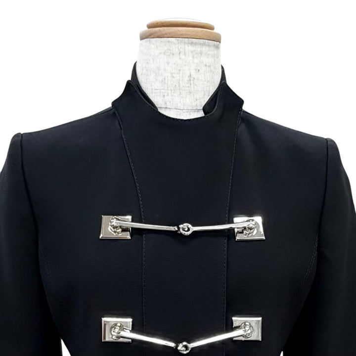 極美品△GUCCI グッチ 361308 ビットデザイン スタンドカラー ロングコート ブラック シルバー金具 36 イタリア製 正規品 レディース