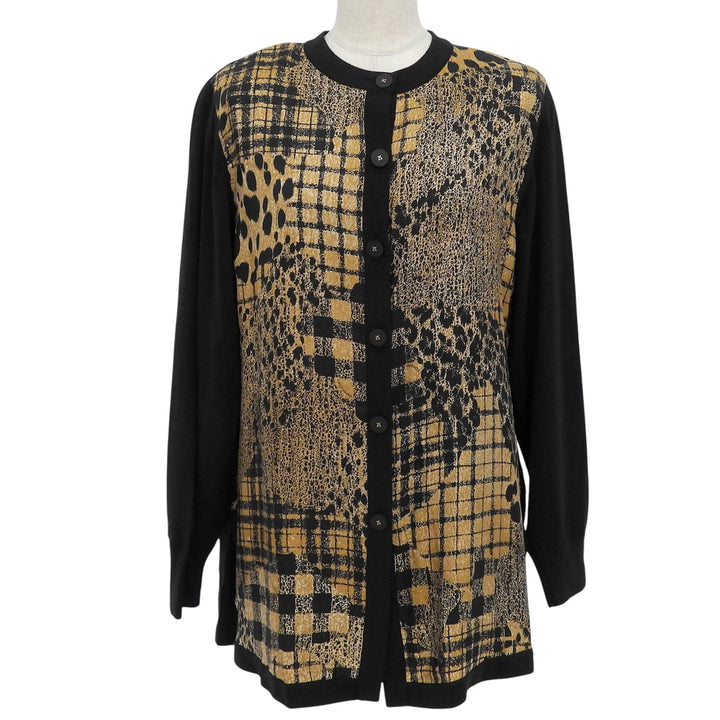 極美品▲LEONARD FASHION レオナール ファッション シルク100％ レオパード柄 クルーネック 長袖 カーディガン M 日本製 正規品