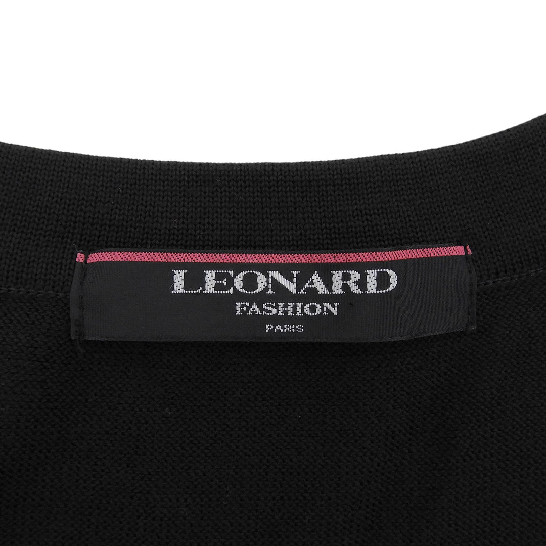 極美品▲LEONARD FASHION レオナール ファッション シルク100％ レオパード柄 クルーネック 長袖 カーディガン M 日本製 正規品