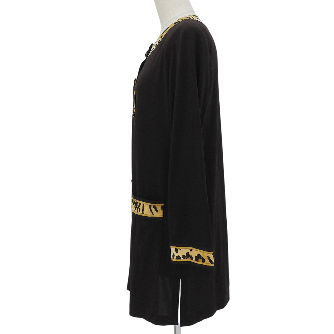 極美品▲LEONARD FASHION レオナール ファッション レオパードトリム ロング カーディガン ブラウン M 日本製 正規品 レディース