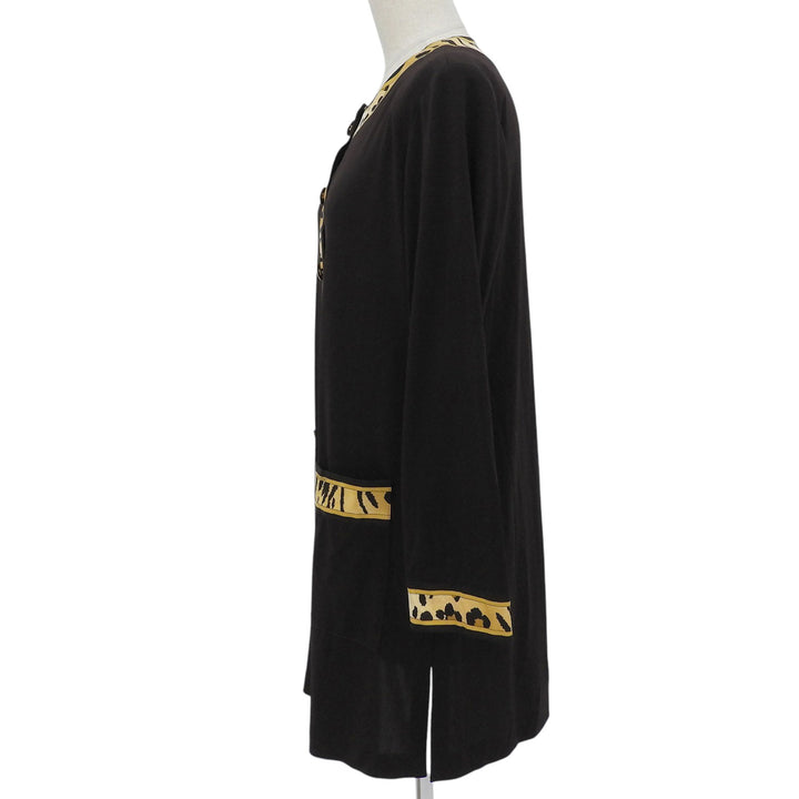 極美品▲LEONARD FASHION レオナール ファッション レオパードトリム ロング カーディガン ブラウン M 日本製 正規品 レディース