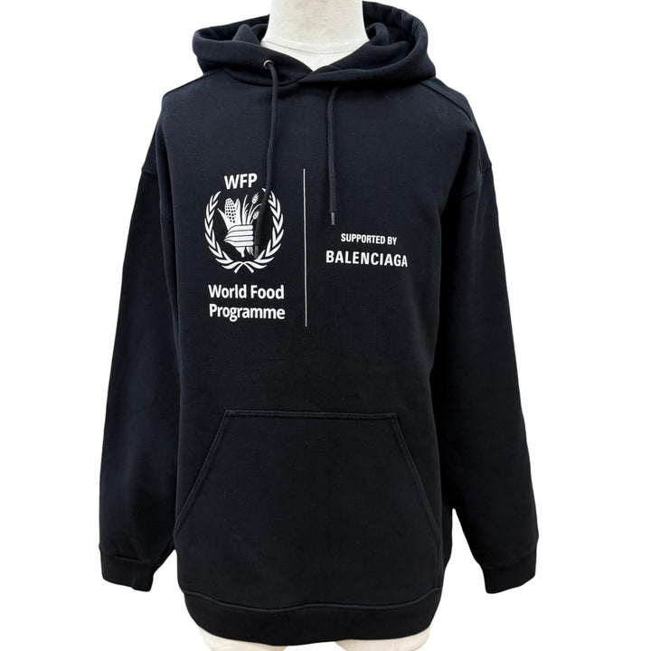 美品▼BALENCIAGA バレンシアガ 600583 コットン100% WFPロゴ フーディー 裏起毛 プルオーバー パーカー ブラック M 正規品 メンズ
