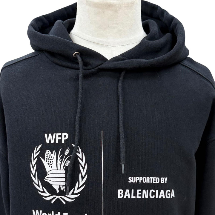美品▼BALENCIAGA バレンシアガ 600583 コットン100% WFPロゴ フーディー 裏起毛 プルオーバー パーカー ブラック M 正規品 メンズ