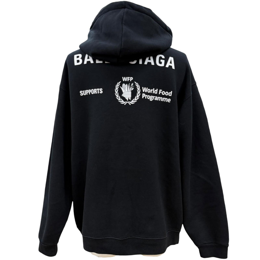 美品▼BALENCIAGA バレンシアガ 600583 コットン100% WFPロゴ フーディー 裏起毛 プルオーバー パーカー ブラック M 正規品 メンズ