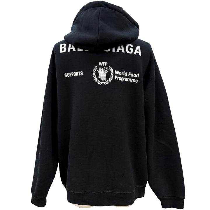 美品▼BALENCIAGA バレンシアガ 600583 コットン100% WFPロゴ フーディー 裏起毛 プルオーバー パーカー ブラック M 正規品 メンズ