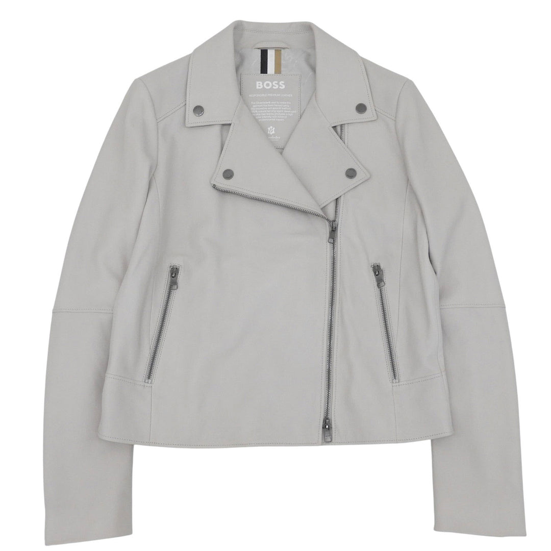 美品▲HUGO BOSS ヒューゴボス 羊革 ダブルブレスト レザージャケット ライトグレー IT 40 インド製 正規品 レディース ハンガー付き