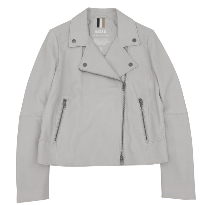 美品▲HUGO BOSS ヒューゴボス 羊革 ダブルブレスト レザージャケット ライトグレー IT 40 インド製 正規品 レディース ハンガー付き