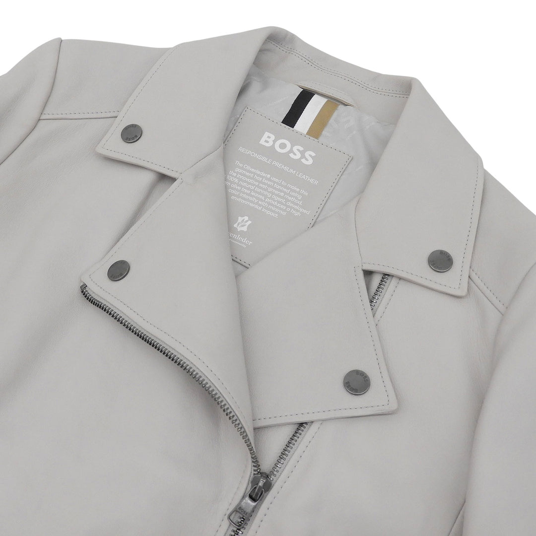 美品▲HUGO BOSS ヒューゴボス 羊革 ダブルブレスト レザージャケット ライトグレー IT 40 インド製 正規品 レディース ハンガー付き