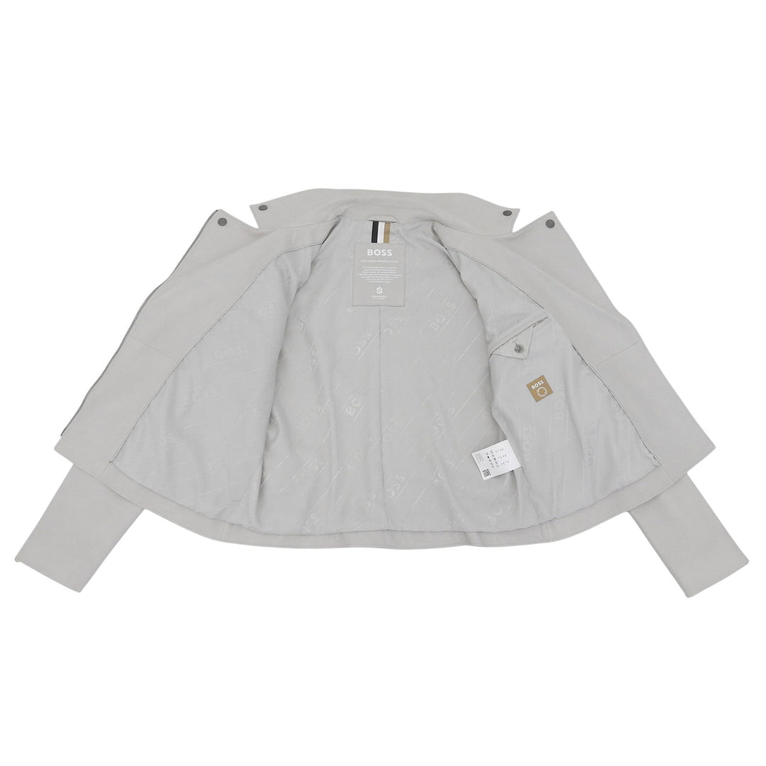 美品▲HUGO BOSS ヒューゴボス 羊革 ダブルブレスト レザージャケット ライトグレー IT 40 インド製 正規品 レディース ハンガー付き