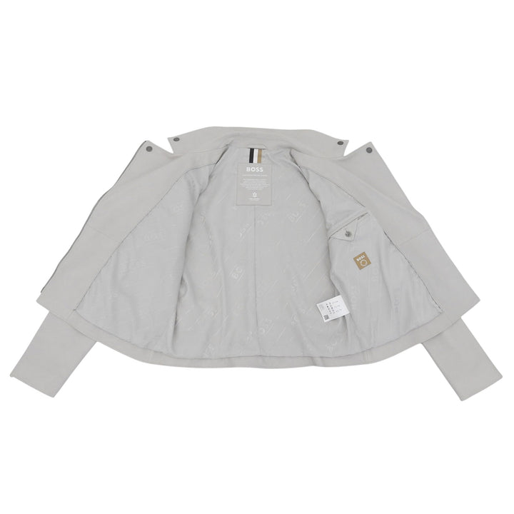 美品▲HUGO BOSS ヒューゴボス 羊革 ダブルブレスト レザージャケット ライトグレー IT 40 インド製 正規品 レディース ハンガー付き