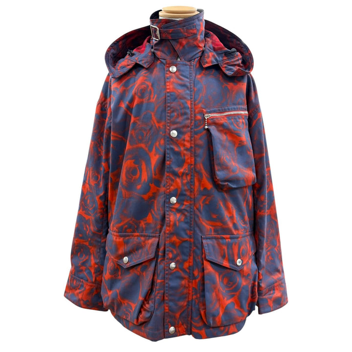 極美品▼BURBERRY バーバリー 8076689 ローズプリント 襟コーデュロイ ZIPUP フーデッド ジャケット レッド ブルー S 伊製 正規品 メンズ