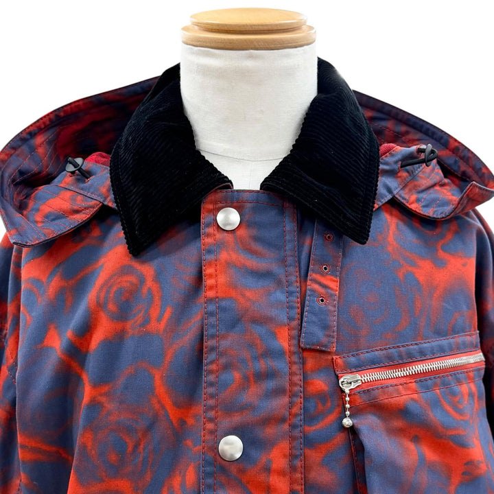 極美品▼BURBERRY バーバリー 8076689 ローズプリント 襟コーデュロイ ZIPUP フーデッド ジャケット レッド ブルー S 伊製 正規品 メンズ