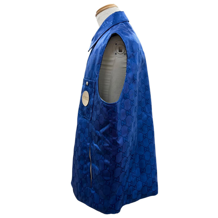 極美品▼GUCCI グッチ 631890 OFF THE GRID NYLON VEST GG柄 レザーロゴワッペン付 中綿入り ジレ ベスト ブルー 50 伊製 正規品 メンズ