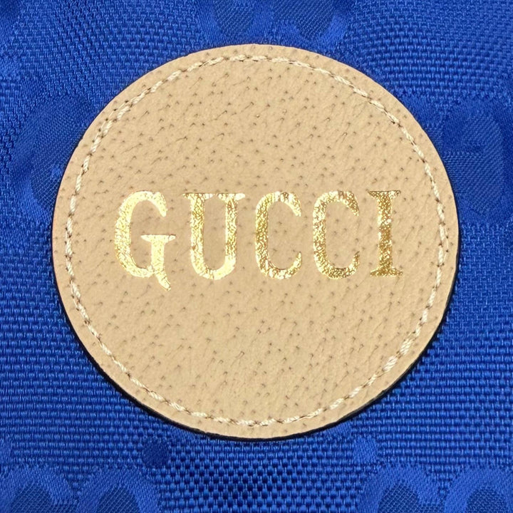 極美品▼GUCCI グッチ 631890 OFF THE GRID NYLON VEST GG柄 レザーロゴワッペン付 中綿入り ジレ ベスト ブルー 50 伊製 正規品 メンズ