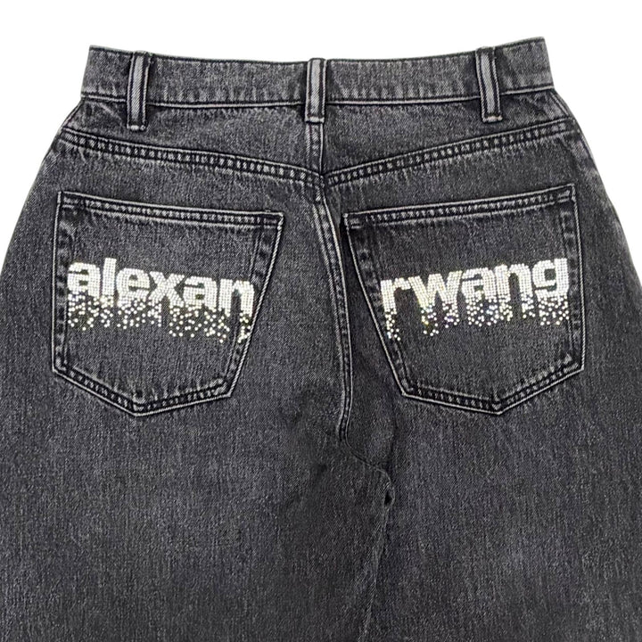 美品△Alexander Wang アレキサンダーワン 4DC1264112 コットン ラインストーン ボタンフライ ワイド デニムパンツ ブラック系 24 正規品