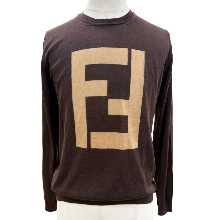 極美品▼FENDI フェンディ FZZ371 カシミヤ シルク FFロゴ クルーネック ハイゲージニット セーター ブラウン 44 伊製 正規品 メンズ