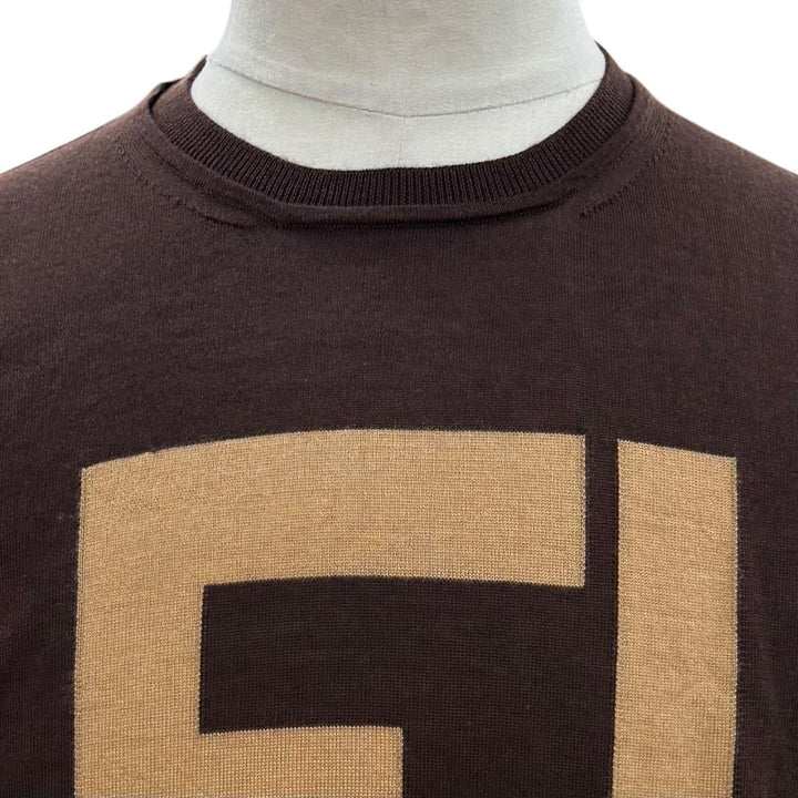極美品▼FENDI フェンディ FZZ371 カシミヤ シルク FFロゴ クルーネック ハイゲージニット セーター ブラウン 44 伊製 正規品 メンズ