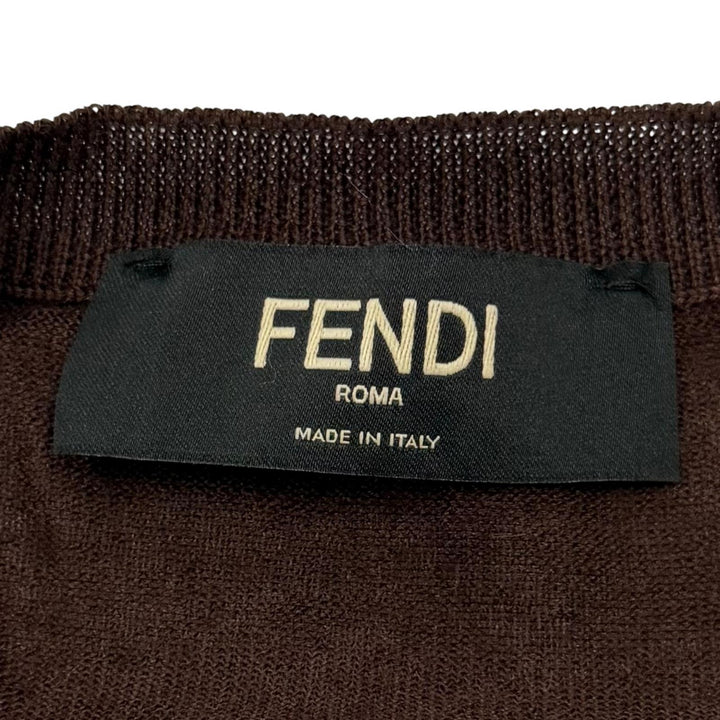 極美品▼FENDI フェンディ FZZ371 カシミヤ シルク FFロゴ クルーネック ハイゲージニット セーター ブラウン 44 伊製 正規品 メンズ