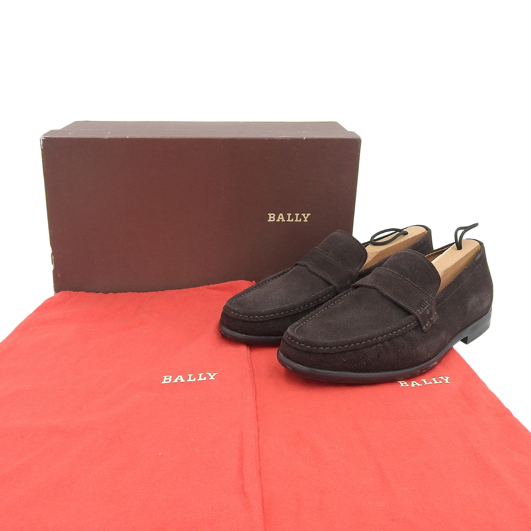 美品▲BALLY バリー ALPES スウェードレザー ラウンドトゥ コイン ローファー ダークブラウン 5 スイス製 レディース 箱・保存袋付き